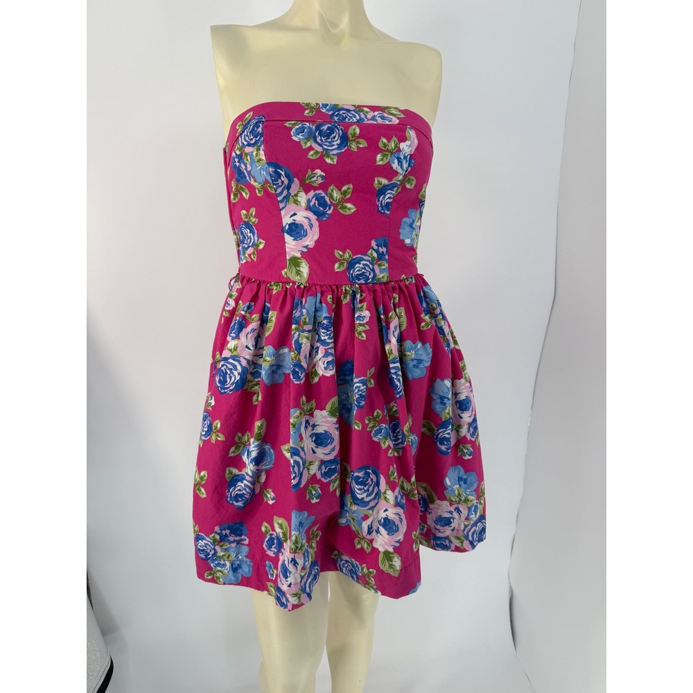 Forever‎ 21 Pink Blue Floral Strapless Cotton Mini Dress Fit & Flare Size 3